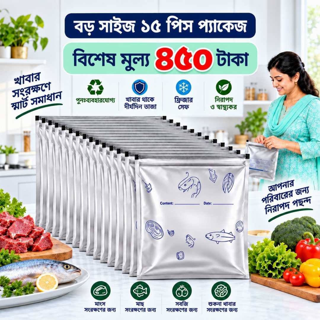 Aluminium Foil Zipper Storage Bag, Food Storage Bag, Reusable Food Storage Bag, Zipper Storage Bag, Aluminium Foil Bag, Food Storage Bag Bangladesh, Kitchen Storage Bag, Refrigerator Storage Bag, Reusable Storage Bag, Kitchen Organizer, Food Organizer, Best Outfit BD