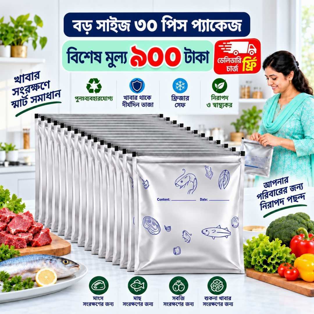 Aluminium Foil Zipper Storage Bag, Food Storage Bag, Reusable Food Storage Bag, Zipper Storage Bag, Aluminium Foil Bag, Food Storage Bag Bangladesh, Kitchen Storage Bag, Refrigerator Storage Bag, Reusable Storage Bag, Kitchen Organizer, Food Organizer, Best Outfit BD
