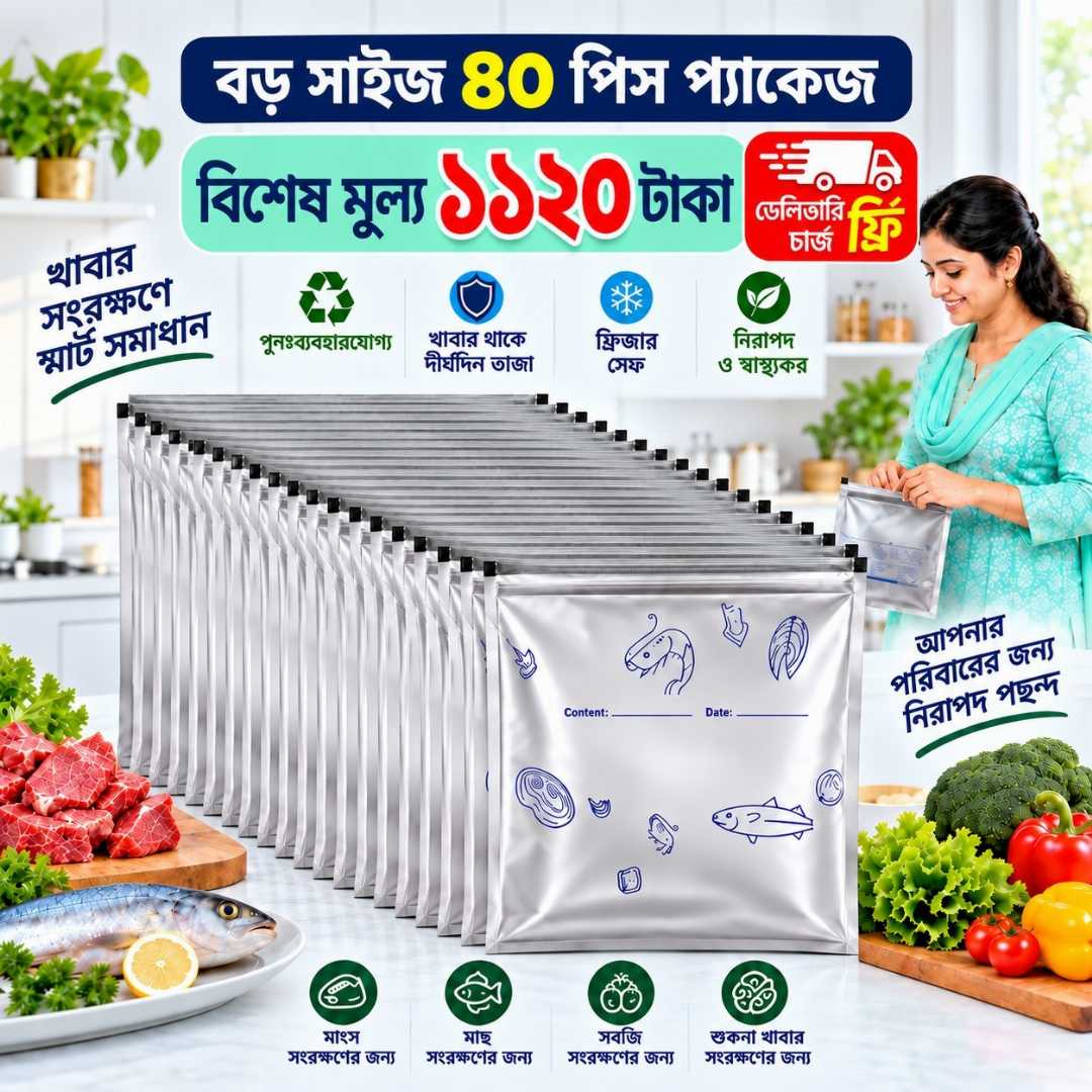 Aluminium Foil Zipper Storage Bag, Food Storage Bag, Reusable Food Storage Bag, Zipper Storage Bag, Aluminium Foil Bag, Food Storage Bag Bangladesh, Kitchen Storage Bag, Refrigerator Storage Bag, Reusable Storage Bag, Kitchen Organizer, Food Organizer, Best Outfit BD