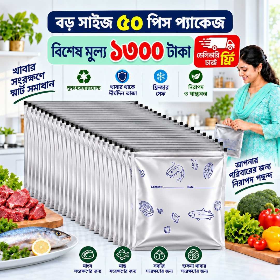 Aluminium Foil Zipper Storage Bag, Food Storage Bag, Reusable Food Storage Bag, Zipper Storage Bag, Aluminium Foil Bag, Food Storage Bag Bangladesh, Kitchen Storage Bag, Refrigerator Storage Bag, Reusable Storage Bag, Kitchen Organizer, Food Organizer, Best Outfit BD