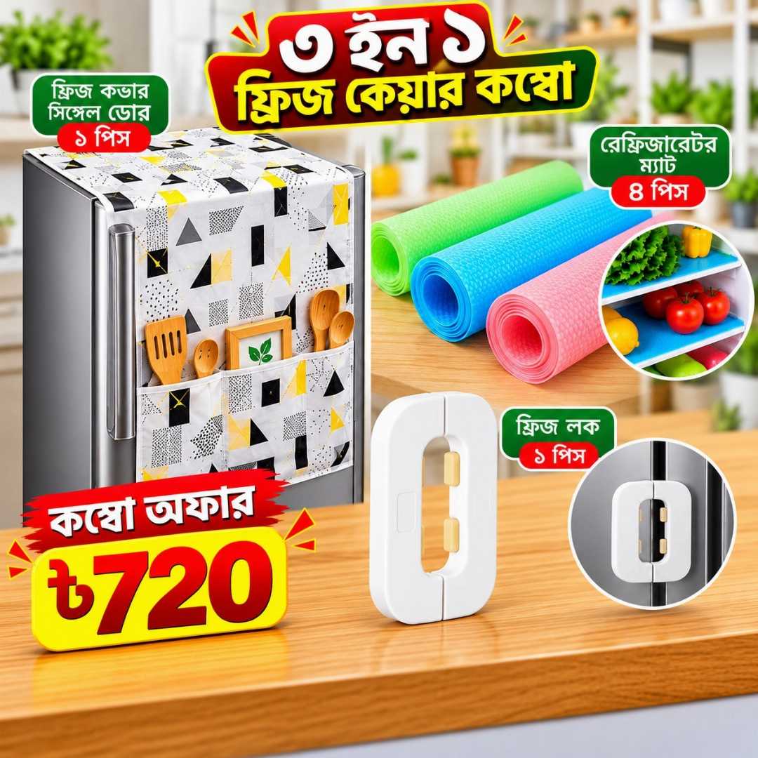 ফ্রিজ কভার, ফ্রিজ কভার সিঙ্গেল ডোর, ফ্রিজ লক, রেফ্রিজারেটর ম্যাট, ফ্রিজ ম্যাট, ফ্রিজ কেয়ার কম্বো, ৩ ইন ১ ফ্রিজ কম্বো, refrigerator cover, fridge cover, fridge lock, refrigerator mat, fridge mat, kitchen accessories, kitchen organizer, ফ্রিজ এক্সেসরিজ