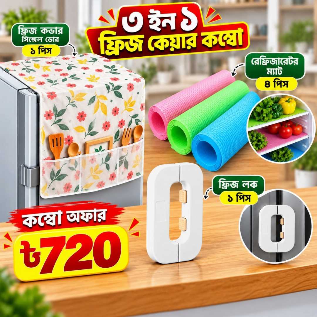 ফ্রিজ কভার, ফ্রিজ কভার সিঙ্গেল ডোর, ফ্রিজ লক, রেফ্রিজারেটর ম্যাট, ফ্রিজ ম্যাট, ফ্রিজ কেয়ার কম্বো, ৩ ইন ১ ফ্রিজ কম্বো, refrigerator cover, fridge cover, fridge lock, refrigerator mat, fridge mat, kitchen accessories, kitchen organizer, ফ্রিজ এক্সেসরিজ