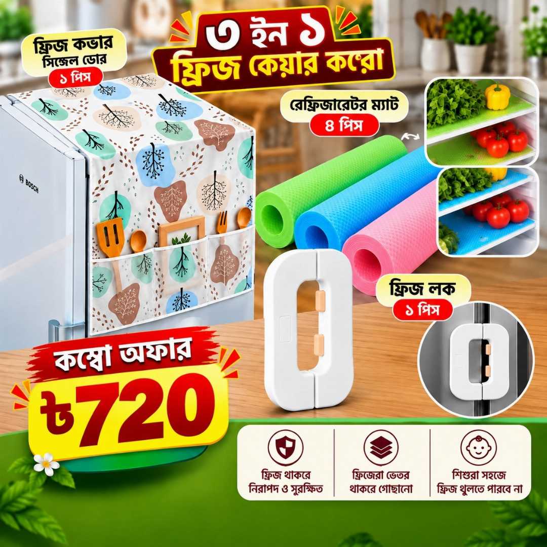 ফ্রিজ কভার, ফ্রিজ কভার সিঙ্গেল ডোর, ফ্রিজ লক, রেফ্রিজারেটর ম্যাট, ফ্রিজ ম্যাট, ফ্রিজ কেয়ার কম্বো, ৩ ইন ১ ফ্রিজ কম্বো, refrigerator cover, fridge cover, fridge lock, refrigerator mat, fridge mat, kitchen accessories, kitchen organizer, ফ্রিজ এক্সেসরিজ