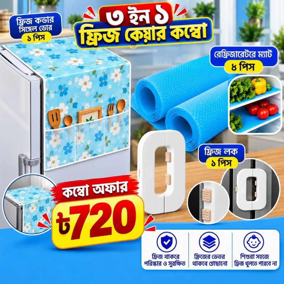 ফ্রিজ কভার, ফ্রিজ কভার সিঙ্গেল ডোর, ফ্রিজ লক, রেফ্রিজারেটর ম্যাট, ফ্রিজ ম্যাট, ফ্রিজ কেয়ার কম্বো, ৩ ইন ১ ফ্রিজ কম্বো, refrigerator cover, fridge cover, fridge lock, refrigerator mat, fridge mat, kitchen accessories, kitchen organizer, ফ্রিজ এক্সেসরিজ