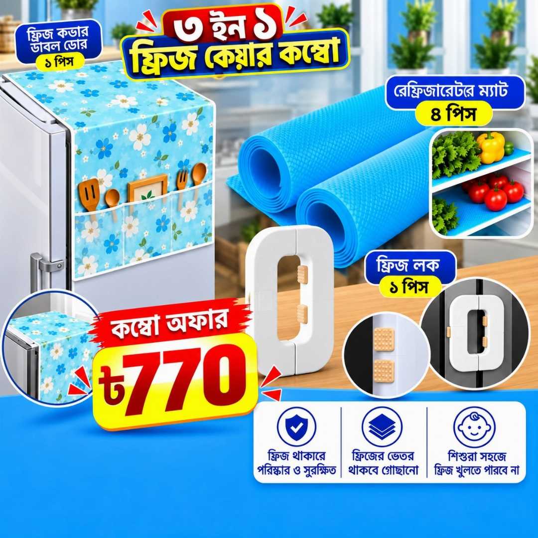 ৩ ইন ১ ফ্রিজ কেয়ার কম্বো, ফ্রিজ কেয়ার কম্বো, ফ্রিজ কভার, ডাবল ডোর ফ্রিজ কভার, রেফ্রিজারেটর ম্যাট, ফ্রিজ ম্যাট, ফ্রিজ লক, refrigerator mat, double door fridge cover, fridge lock, fridge accessories, kitchen essentials, kitchen accessories, Bangladesh