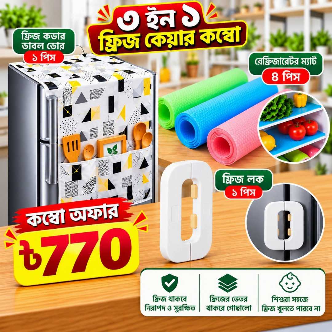 ৩ ইন ১ ফ্রিজ কেয়ার কম্বো, ফ্রিজ কেয়ার কম্বো, ফ্রিজ কভার, ডাবল ডোর ফ্রিজ কভার, রেফ্রিজারেটর ম্যাট, ফ্রিজ ম্যাট, ফ্রিজ লক, refrigerator mat, double door fridge cover, fridge lock, fridge accessories, kitchen essentials, kitchen accessories, Bangladesh
